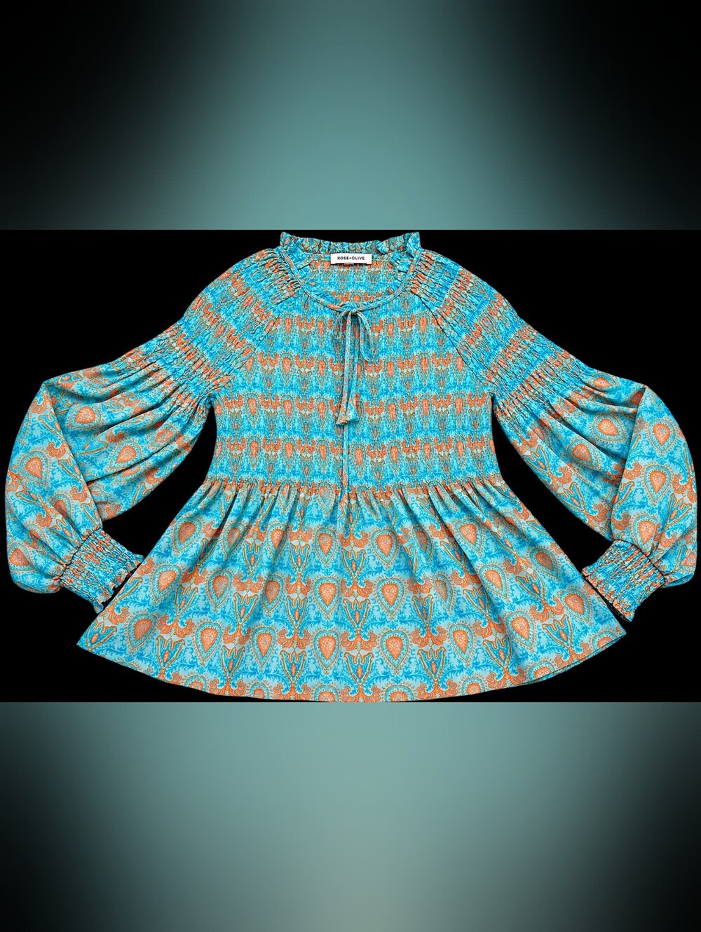 Rose & Olive Turquoise and Orange Paisley Smocked Peplum Blouse Size M